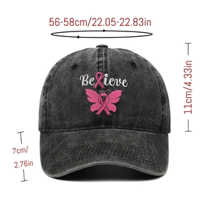 Detailed size chart for gray denim baseball cap with Believe embroidery and pink ribbon