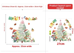 Detailed Christmas wall decal showing cute dinosaurs, a green tree and colorful bunting flags
