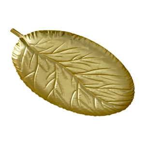 Vintage leaf shaped gold iron tray with detailed veins for jewelry or snack storage