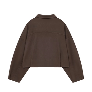 Rear view of brown short bomber jacket with turn-down collar and dropped shoulders