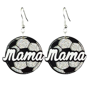 Detail of soccer ball dangle earrings with sparkly glitter and Mama text for Mother's Day