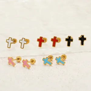 Cross Stud Earrings 304 Stainless Steel 18K Gold Plated Enamel Drip Oil Screw Back Minimalist Ins Style Men Women