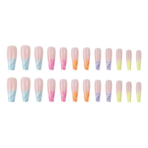 Rainbow marble gradient long coffin press-on nails with nude pink base 24pcs set