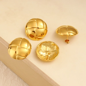 Minimalist Stainless Steel Stud Earrings For Women Woven Grid Texture Round Geometric Button Earrings Gold Silver Jewelry