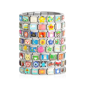 Italian modular charm bracelets in stainless steel with colorful enamel DIY patterns