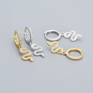 Snake Pendant Hoop Earrings 925 Sterling Silver Cubic Zirconia Animal Sparkly Fashionable Women Jewelry