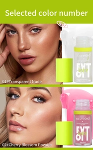 Lip oil swatches showing transparent nude and cherry blossom shades on glossy lips