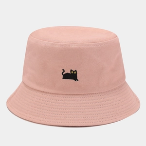 Pink cotton bucket hat featuring a cute black cat embroidery on a plain white background
