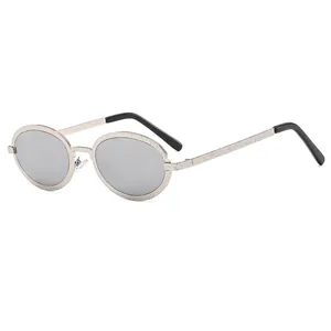 Retro oval metal sunglasses with silver hammered texture frame and dark lenses