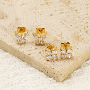 Elegant gold stainless steel stud earring set with zircon butterfly and flower designs