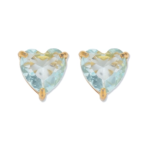 Detail of light blue heart-shaped stud earrings with gold plating and three-prong setting