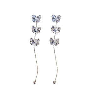 Elegant silver bow tassel earrings with sparkling zircon stones for a minimalist sweet style