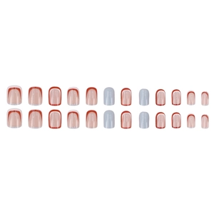 Short square press-on nails set with red French tips and light blue minimalist designs