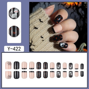 Short square Halloween press-on nails set with cat and spider web patterns Y-422