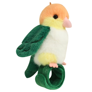 Cute plush parrot slap bracelet toy with colorful wings and soft green snap band