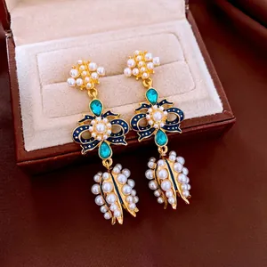 Vintage Palace Style Bowknot Tulip Drop Earrings With Alloy Faux Artificial Pearl Crystal Blue Enamel And Silver Earring Post For Women