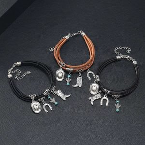 Men's multilayer leather bracelet set with silver lucky charms and leaf wood beads