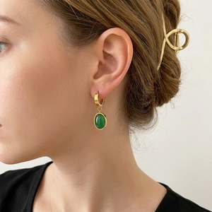 Emerald Green Earrings Titanium Steel French Vintage Gold Plated Geometric Dangle Studs Elegant Jewelry For Women