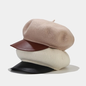 Women Vintage Wool Felt Beret Hat With Leather Brim Autumn Winter Warm Newsboy Cap Retro Painter Hat Fashion Accessory