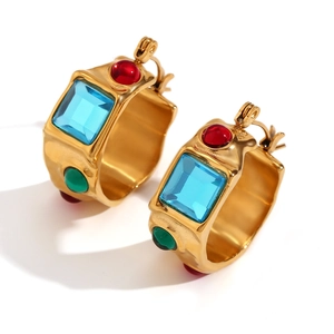 Vintage 18K gold plated stainless steel lava earrings with colorful gemstones