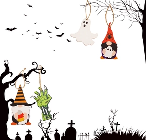 Set of four wooden Halloween ornaments including ghost and gnome designs with hemp rope
