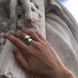 925 Sterling silver wide leaf ring featuring unique handmade hammered texture for women