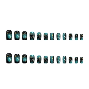 Lot de 24 faux ongles ciel étoilé dégradé avec étoiles dorées et paillettes de style cosmique