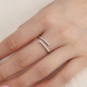 Artificial Pearl Zircon Copper Open Ring Adjustable Double Layer Elegant Jewelry For Women