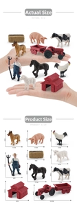 Detailed size chart for 10-piece miniature farm animal toy set and farmer model