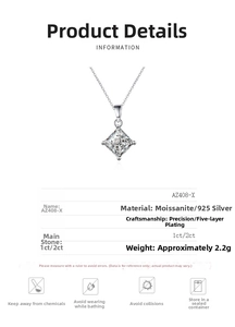 Macro shot of 925 sterling silver princess cut moissanite pendant with size details