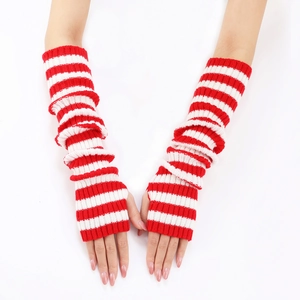 Detail showing red and white striped knit arm warmers with a thumb hole for autumn wear