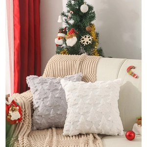 Federe per cuscini in peluche con ricamo albero di Natale in grigio e bianco per divano