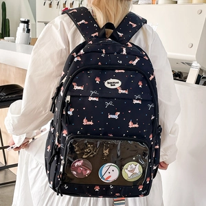 Cute black dachshund printed backpack with transparent window pocket for school students
