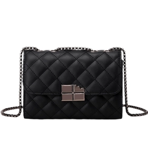 Classic black quilted crossbody bag with diamond pattern and metal chain strap