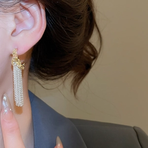 Detail of vintage gold leopard head earrings with silver metal chain tassels on model