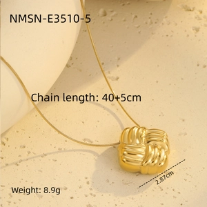 Macro detail of gold braided square pendant necklace with dimensions and weight specs