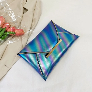Detail of colorful gradient holographic envelope clutch bag with sleek metal buckle