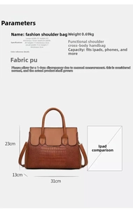 Detailed size chart showing a brown crocodile-patterned PU tote bag with dimensions