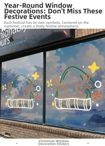 Christmas reindeer antlers and Santa hat stickers on shop window glass display