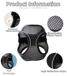 Detail showing breathable mesh fabric, metal D-ring and reflective strips of pet harness