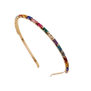 Elegant gold metal headband featuring a vibrant row of colorful rectangular crystals