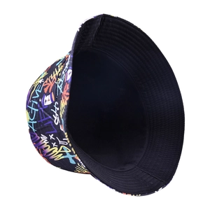Reversible black cotton bucket hat with colorful street style graffiti art print