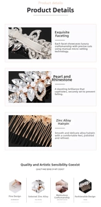 Detail view of bridal hair comb featuring zinc alloy, micro-set rhinestones and white pearls