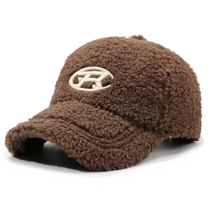 Dark brown lamb wool baseball cap with white embroidery and stylish curved brim for women