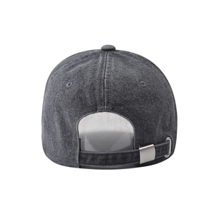 Rear view of washed black denim baseball cap with adjustable silver metal buckle