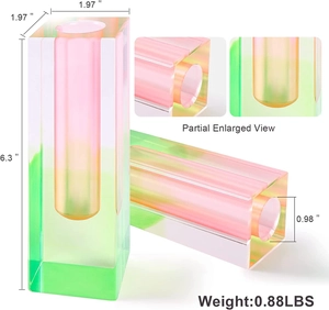 Detailed size guide of modern iridescent acrylic vase with height and width measurements
