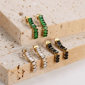 Chic gold-plated stainless steel bar earrings set with green, white, and black zircons