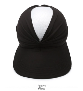 Detailed front view of black wide-brim sun hat with reinforced stitching and elastic top