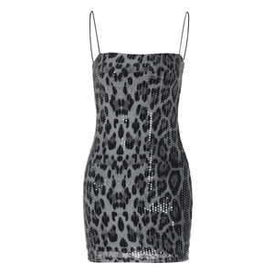 Close-up of grey leopard print sequins and fine spaghetti straps on a mini party dress