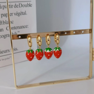 Cute Christmas strawberry drop earrings with red enamel and gold hoops for women
